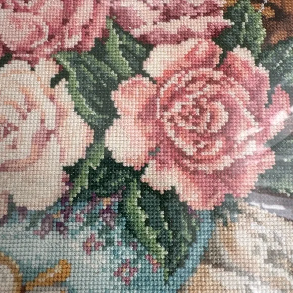 Vintage Framed Needlepoint Violin Flowers Floral Cross Stitch Art Wall - Picture 5 of 8